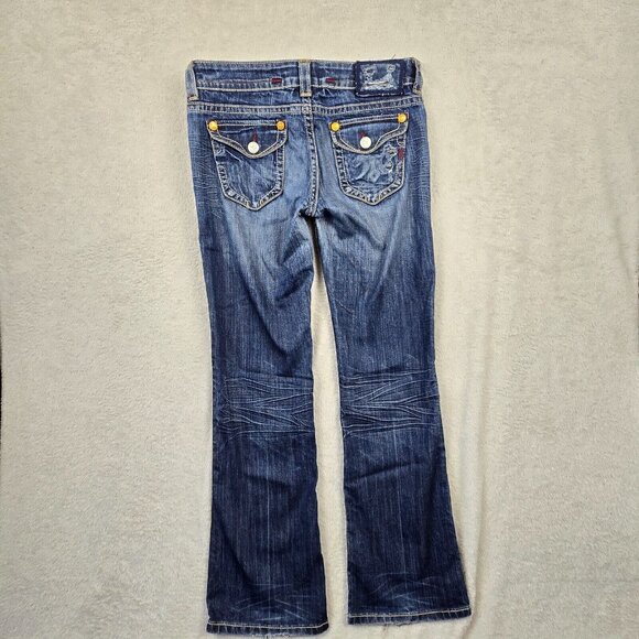 MEK Jeans Womens Size 29x32 Baltimore Denim Boot Cut Distressed Faded Whiskers - Picture 2 of 13